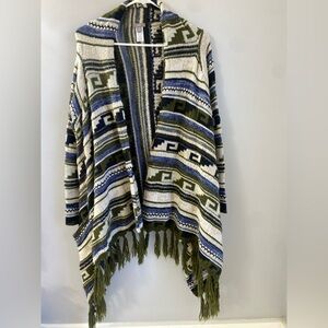 J.Jill Women Size M Wool Fringe Poncho Cardigan Knit Aztec Soft Comfy Boho